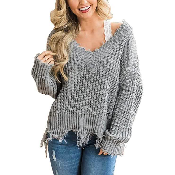 Loose Knitted Sweater Long Sleeve V-Neck