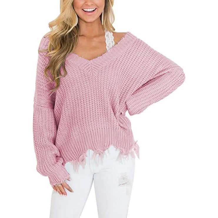 Loose Knitted Sweater Long Sleeve V-Neck