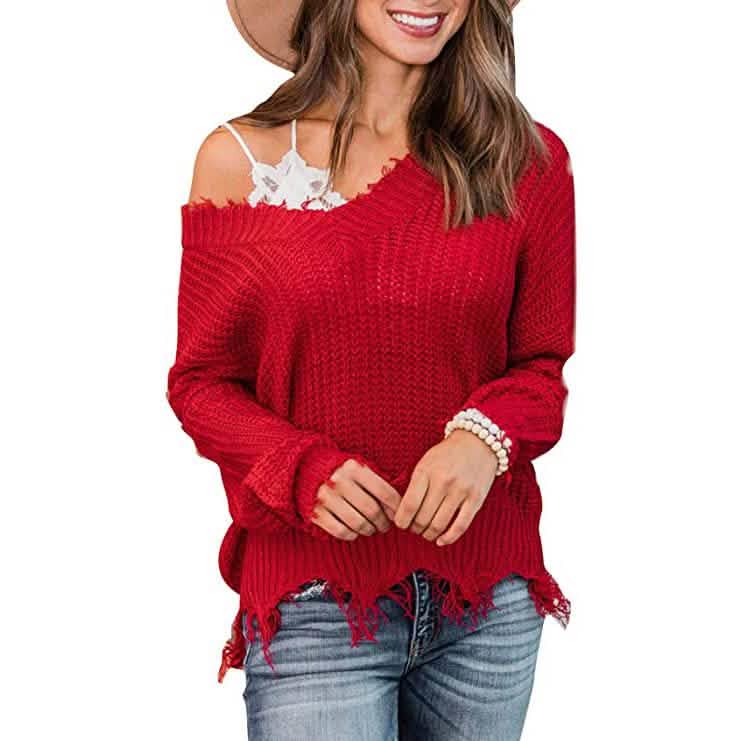 Loose Knitted Sweater Long Sleeve V-Neck